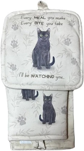 Black Cat 3-Piece Kitchen Set - Oven Mitt, Pot Holder & Towel Set