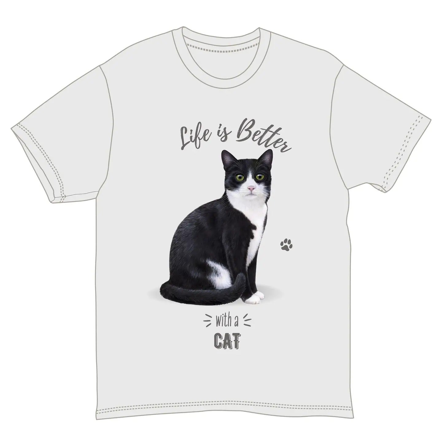 Life is Better with a Cat, Graphic T-Shirt, Gray Cotton, Black and White Cat Design