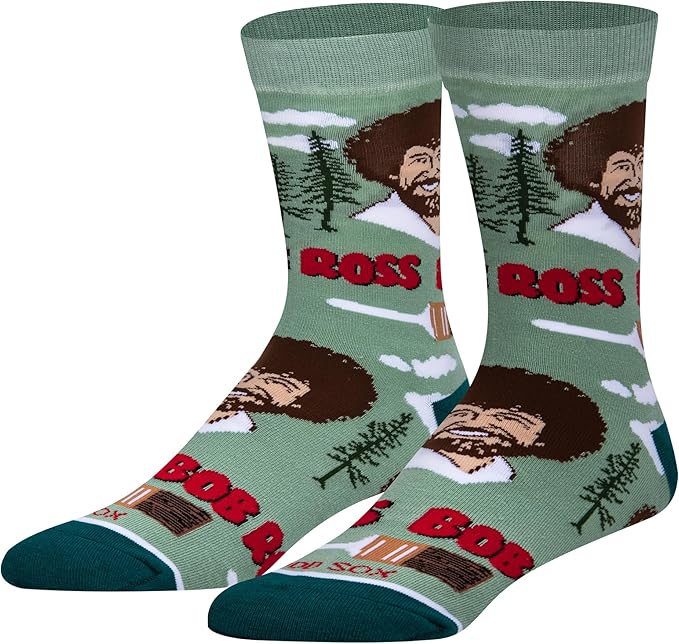 Cool Socks, Men's Funny Novelty Socks, Bob Ross Repeat Green Crew, Adult Large