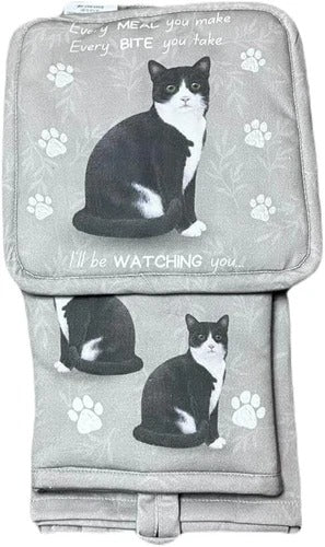 Black and White Cat 3-Piece Kitchen Set - Oven Mitt, Pot Holder & Towel Set
