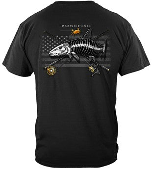 Black Flag Patriotic Bone Fish Fishing 100% Cotton Black T-Shirt