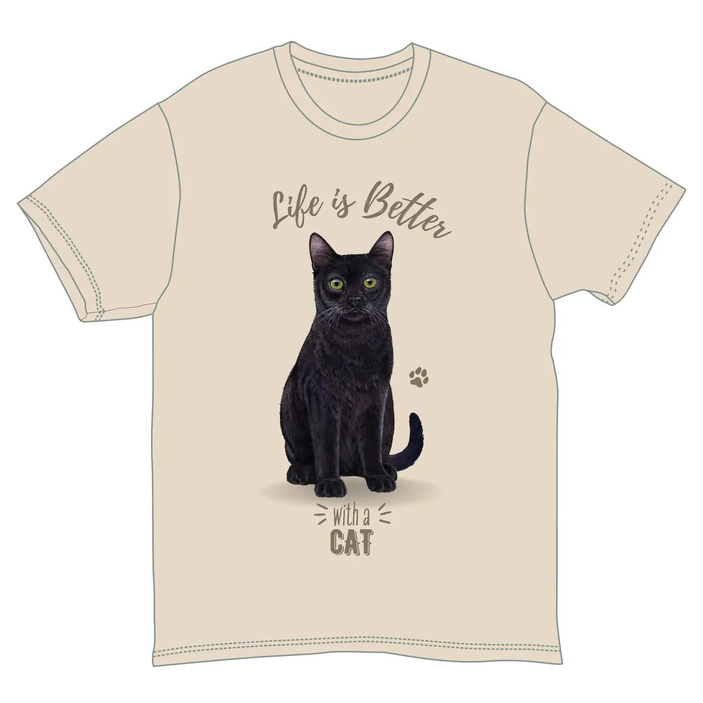 Life is Better with a Cat T-Shirt, Black Cat, Tan Cotton, Short Sleeve, Sizes S-XXL
