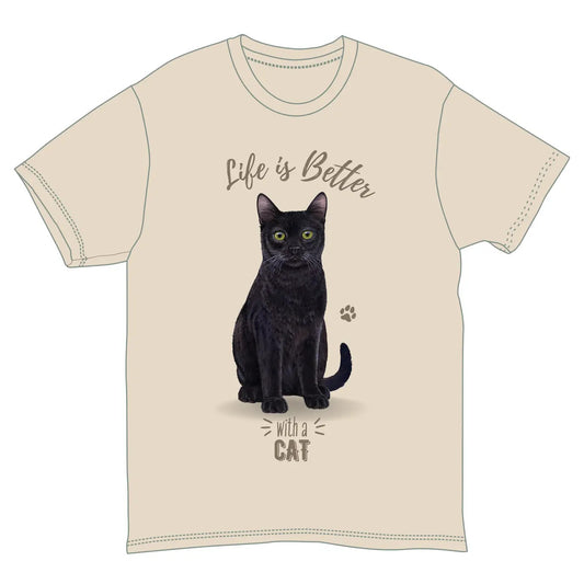 Life is Better with a Cat T-Shirt, Black Cat, Tan Cotton, Short Sleeve, Sizes S-XXL