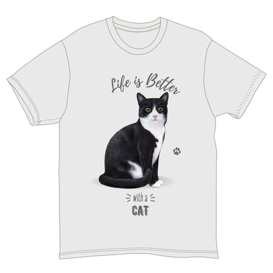 Life is Better with a Cat, Graphic T-Shirt, Gray Cotton, Black and White Cat Design