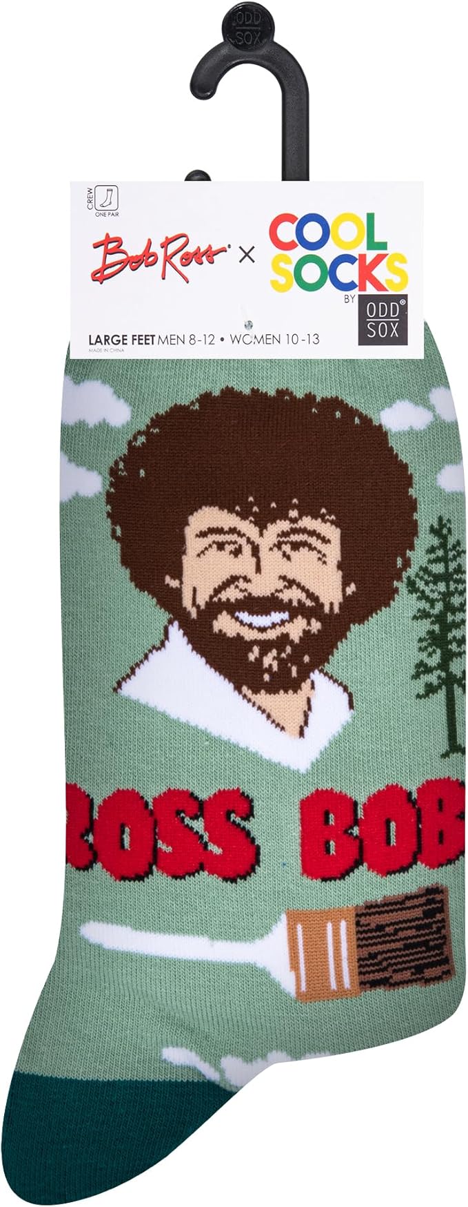 Cool Socks, Men's Funny Novelty Socks, Bob Ross Repeat Green Crew, Adult Large
