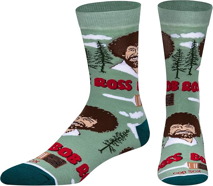 Cool Socks, Men's Funny Novelty Socks, Bob Ross Repeat Green Crew, Adult Large