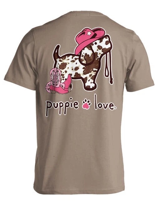 New PUPPIE LOVE COWGIRL PRINT COW T-SHIRT