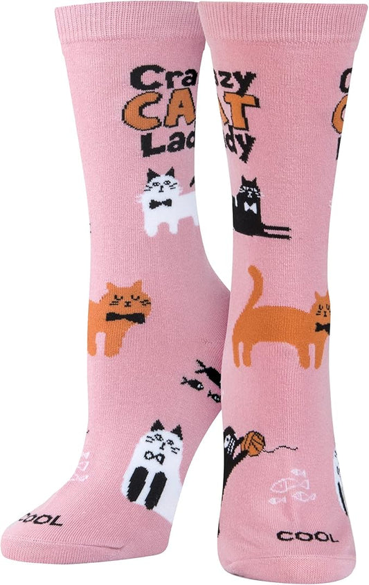 Cool Socks, Crazy Cat Lady, Womens Crew Length, Funny Graphic Print- Large