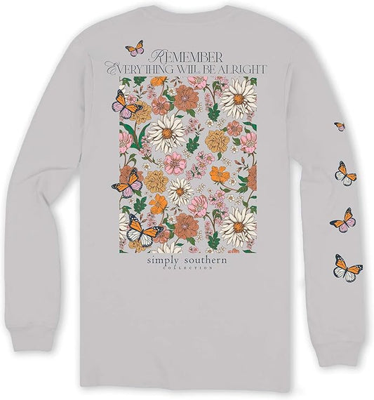 Simply Southern Remember Everything Will Be Alright - Floral Butterfly - Adult Long Sleeve T-Shirt