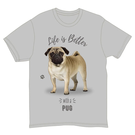 Life is Better with a Pug T-Shirt, Dog Lover Graphic Tee, Adult Sizes S-XXL, Gray