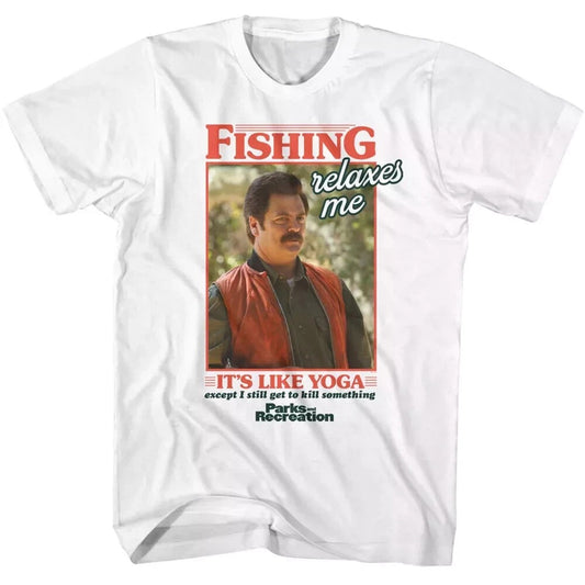 Ron Swanson Quotes T Shirt Parks and Rec Fishing is like Yoga but you get 2 kill