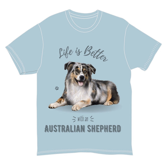 Life is Better with an Australian Shepherd T-Shirt, Light Blue, Dog Lover Theme, Graphic Tee