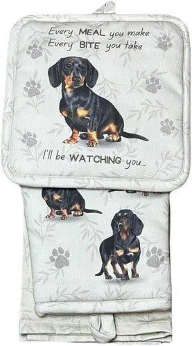 Black Dachshund 3-Piece Kitchen Set - Oven Mitt, Pot Holder & Kitchen Towel Set
