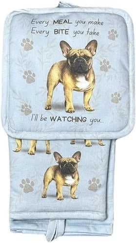 French Bulldog 3-Piece Kitchen Set - Oven Mitt, Pot Holder & Kitchen Towel Set