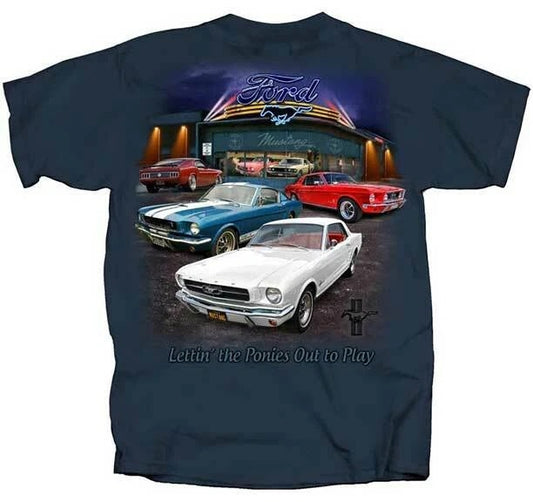 Ford Mustang Showroom Cars Auto Letting The Ponies Out To Play T Shirt, Size 2XL