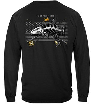 Black Flag Patriotic Bone Fish Fishing 100% Cotton Black Long Sleeve T-Shirt