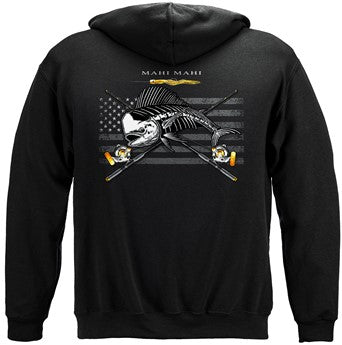 Black Flag Patriotic Mahi Mahi Fishing 8oz 50/50 Black Hooded Sweat Shirt