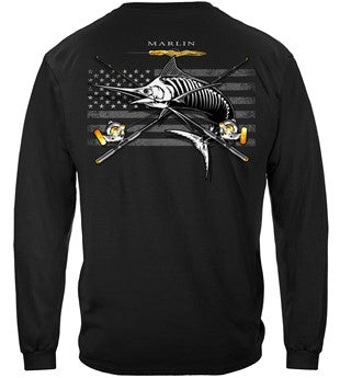 Black Flag Patriotic Marlin Fishing 100% Cotton Black Long Sleeve T-Shirt