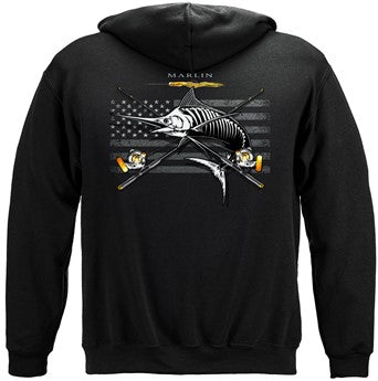 Black Flag Patriotic Marlin Fishing 8oz 50/50 Black Hooded Sweat Shirt
