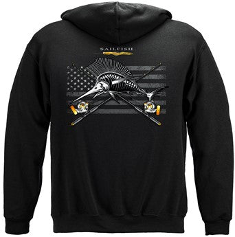 Black Flag Patriotic Sailfish Fishing 8oz 50/50 Black Hooded Sweat Shirt