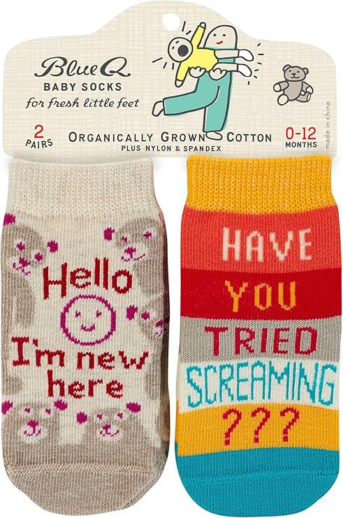 Blue Q Baby Socks, New Here and tried Screaming?, size 0-12 months