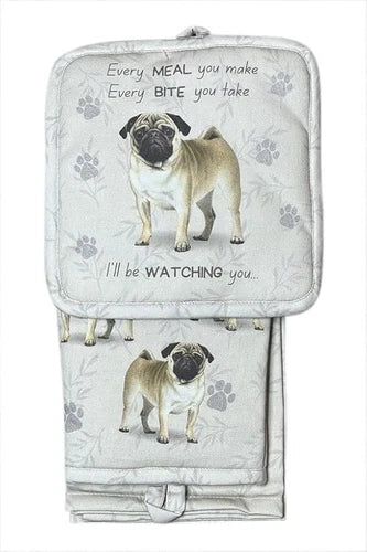 Pug 3-Piece Kitchen Set - Oven Mitt, Pot Holder & Kitchen Towel Set