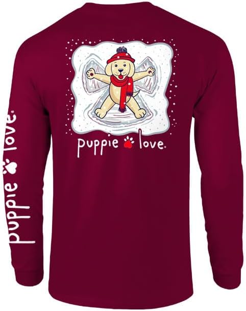 Puppie Love Snow Angel Long Sleeve T-Shirt, Maroon, Winter Holiday Design