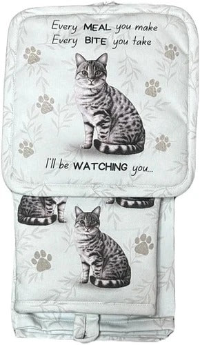 Tabby Cat Silver 3-Piece Kitchen Set - Oven Mitt, Pot Holder & Kitchen Towel Set